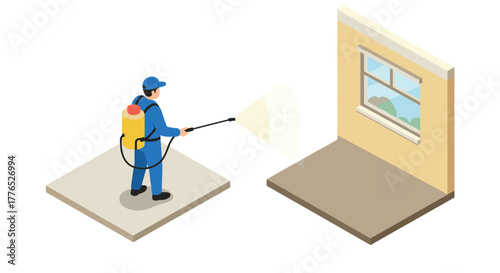 Isometric pest control worker spraying near home window