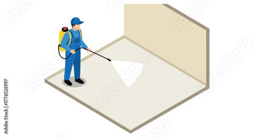 Isometric worker spraying pesticides in room in protective gear