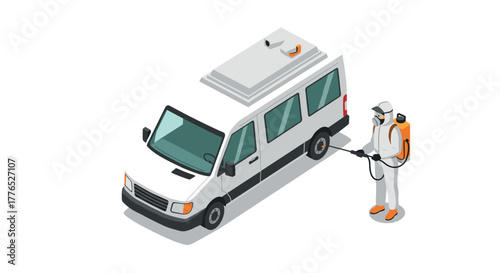 Sanitation worker disinfecting van in protective gear isometric design
