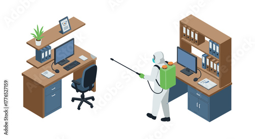 Professional office sanitization with a worker in hazmat suit using sprayer