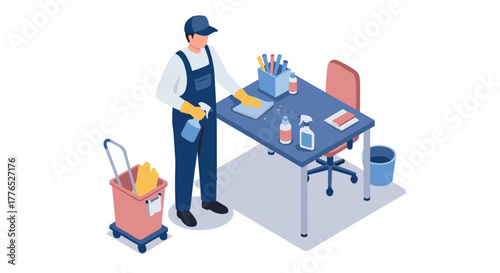 Isometric office cleaning concept with worker and supplies in modern workplace setting