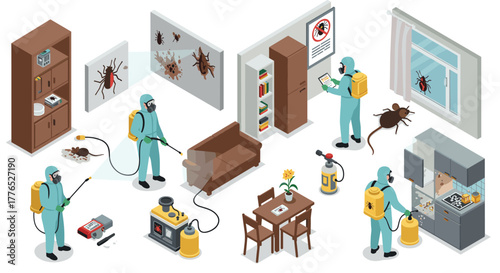 Pest control team eliminating infestation in home with professional equipment