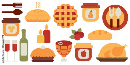 Set of  festive Thanksgiving dinner  featuring roasted turkey, fruit jams, pies, wine, and honey. Perfect for holiday cards, posters, and banners.