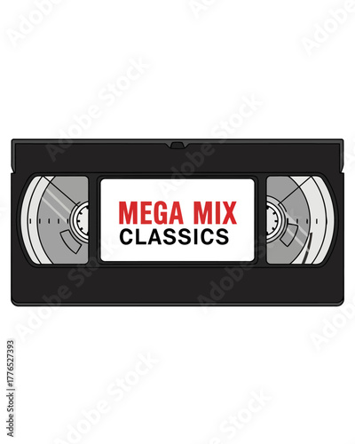 Classic VHS video cassette illustration with a compilation mix label. A nostalgic icon representing retro 1980s and 1990s analog technology
