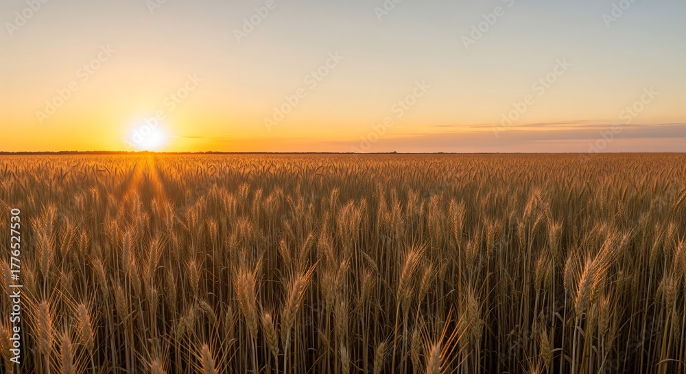 Obraz premium Wheat fields bathed in sunset glow, realistic classical style