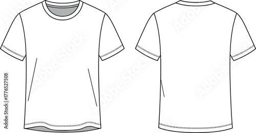 Basic short sleeve t-shirt flat sketch, front and back view, crew neck, fashion template, apparel design, technical drawing, vector illustration