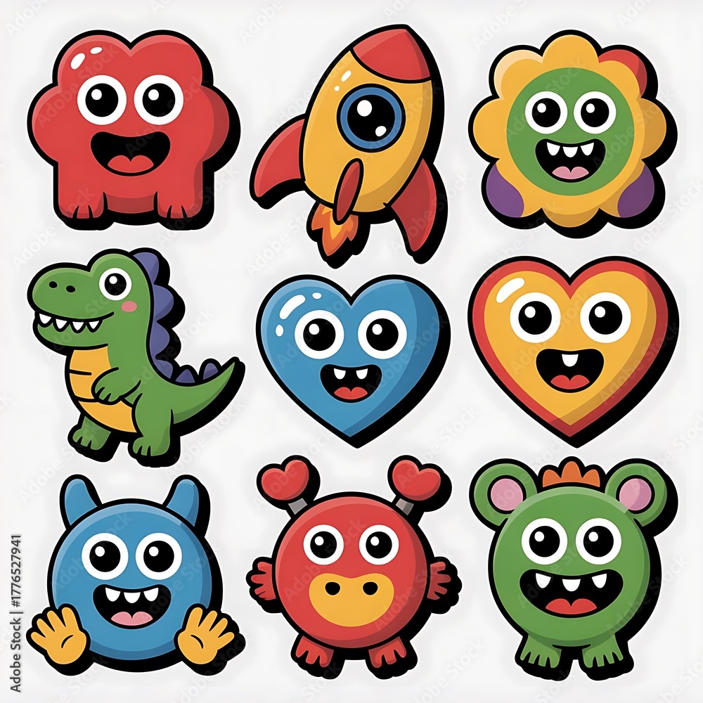Obraz premium Collection of cartoon monsters rocket and hearts cute