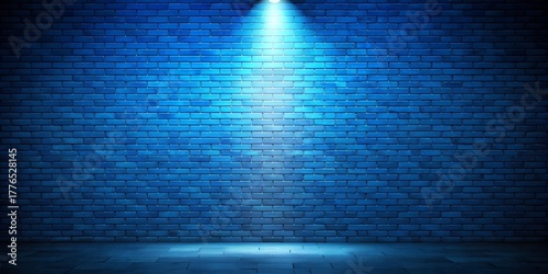 Dramatic blue spotlight illuminates a textured brick wall with a moody atmospheric glow