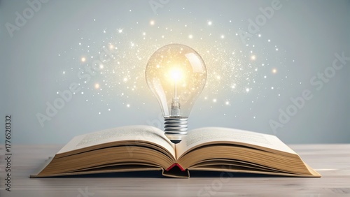 Illuminated light bulb emerges from open book symbolizing knowledge and ideas