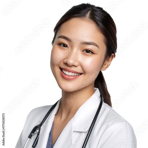 Smiling Healthcare Professional in White Coat With Stethoscope Ready to Assis...