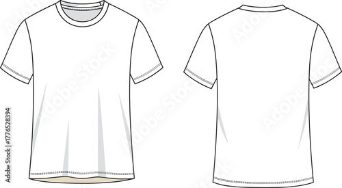 Basic white T-shirt flat sketch, front and back view, fashion design template, apparel mockup, minimalist tee, technical drawing