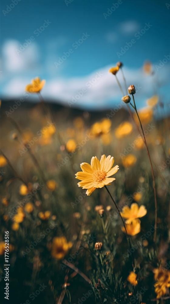 Obraz premium Bright Yellow Wildflowers Blooming Under a Clear Blue Sky in a Scenic Meadow During Springtime