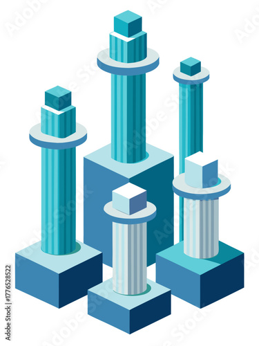 Modern abstract isometric illustration featuring a dynamic arrangement of blue and teal cube-topped pedestals on a clean white background, symbolizing structure and conceptual design