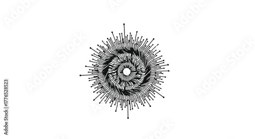Intricate abstract circular pattern with radiating lines, suggesting energy or a microscopic view.