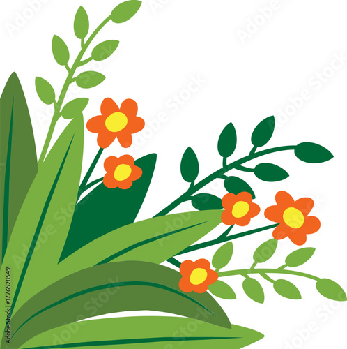 풀잎속에 피어었는 주황색 꽃