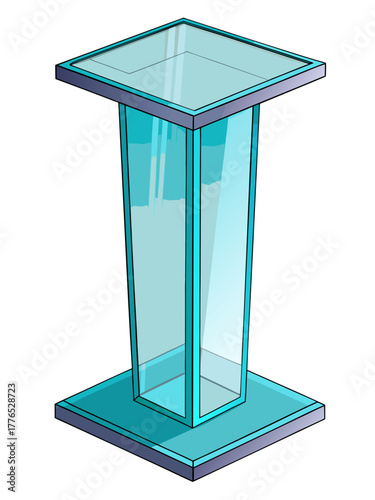 Modern transparent glass pedestal or podium. An elegant empty display stand for product showcases, exhibitions, or presentations, isolated on a white background