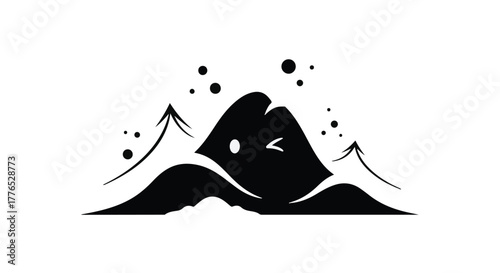 Whimsical cartoon mountain character winks playfully amidst stylized trees and dots