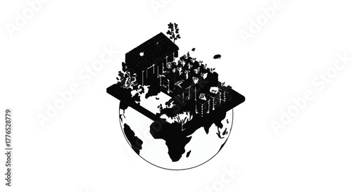 Abstract illustration of a cityscape emerging from a stylized globe, representing global architecture and urban planning.