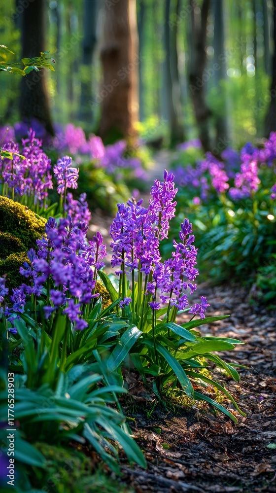 Obraz premium Vibrant Purple Flowers Bloom Beside a Forest Path in Springtime Woods