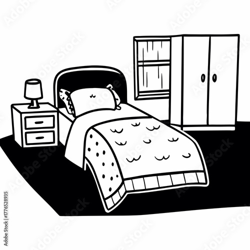 Bedroom interior with bed, wardrobe, nightstand