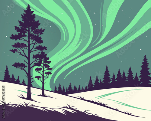 Beautiful aurora borealis over a winter landscape with pine trees, vector art