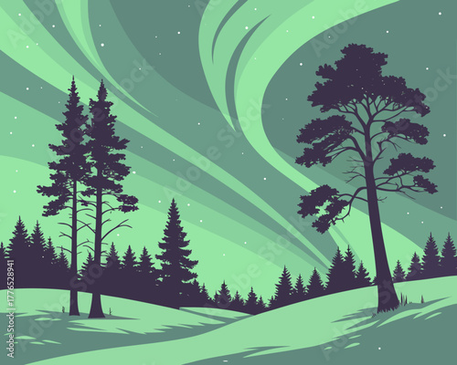 Aurora borealis over a snowy landscape with pine trees at night, vector art