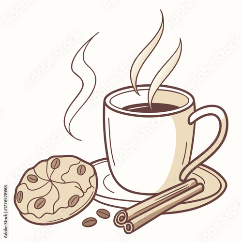 Coffee with cookie and cinnamon sticks