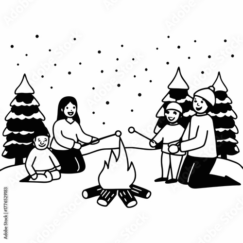 Family roasting marshmallows around a campfire in a snowy winter forest