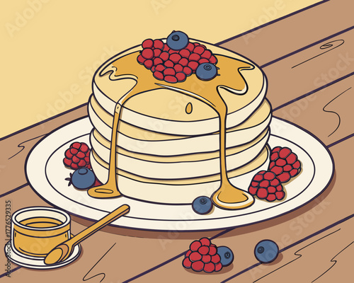 Stack of delicious pancakes with berries and honey on a wooden table