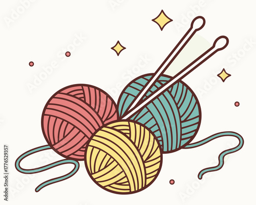 Three colorful yarn balls with knitting needles