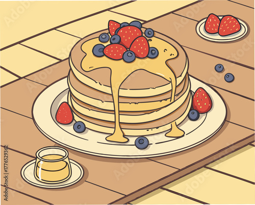 Stack of pancakes with strawberries, blueberries and honey on a table, vector