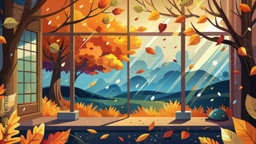 Very beautiful rainy autumn day scene showing colorful falling leaves visible through a window, with raindrops gently streaming down the glass, evoking warmth, nostalgia, and seasonal tranquility.