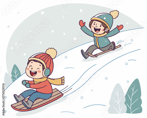 Two happy children sledding down a snowy hill on a cold winter day