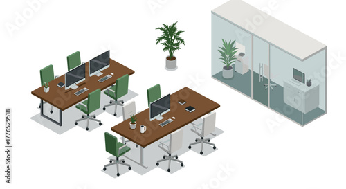 Isometric modern office workspace with desks and glass partition