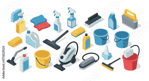 Essential household cleaning tools and products in isometric style for modern living spaces