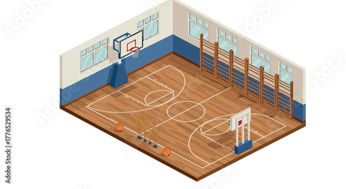 Isometric indoor basketball court with equipment in gym setting