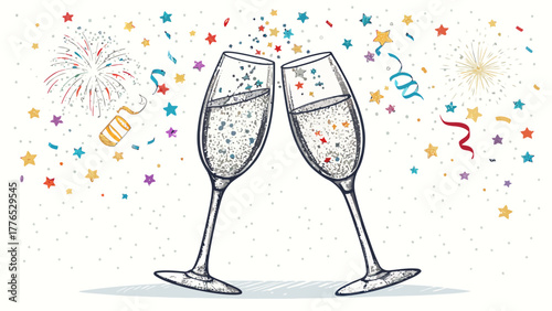Celebratory champagne glasses clinking in a toast silhouette amidst festive confetti, perfect for parties and events
