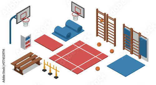 Isometric sports equipment set with gym mats, benches, and basketball hoops