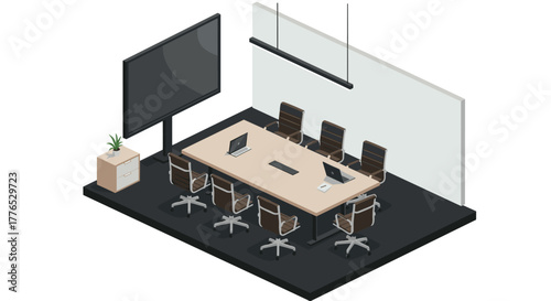 Modern office conference room with isometric design and hightech setup