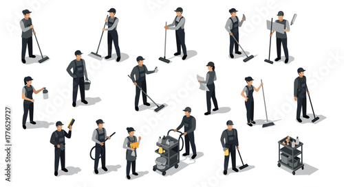 Isometric cleaning service workers in various action poses with equipment