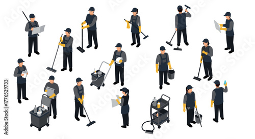 Isometric cleaning crew characters with tools in diverse poses and uniforms for commercial use