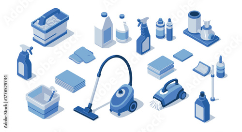 Isometric cleaning tools and supplies in blue tones on white background