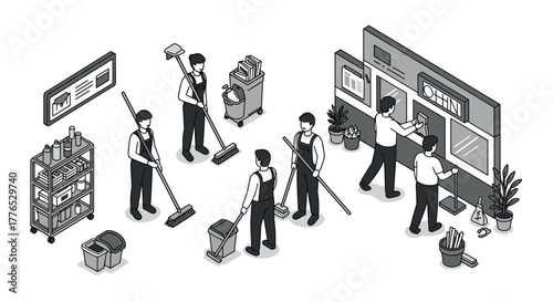 Isometric office cleaning team workers tidying, dusting, mopping, and organizing