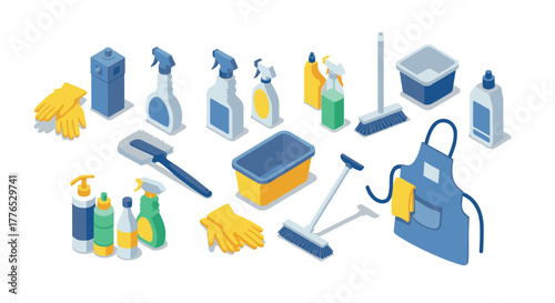 Isometric cleaning supplies collection featuring detergents, gloves, brushes, and aprons