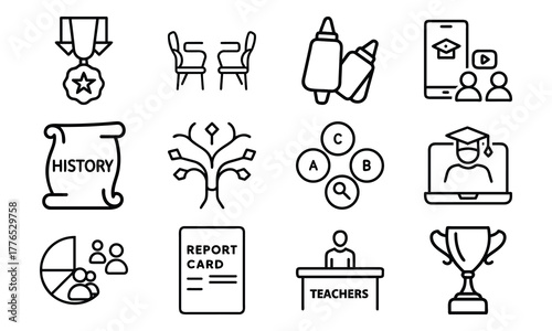 Education and Achievement Line Icons Set – Medal, Classroom Seats, Pencils, Online Learning, History Subject, Flowchart, Report Card, Teacher Desk, Student Award, and Pie Chart Symbols on White Backgr