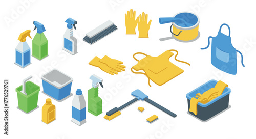 Colorful isometric cleaning supplies with gloves and aprons