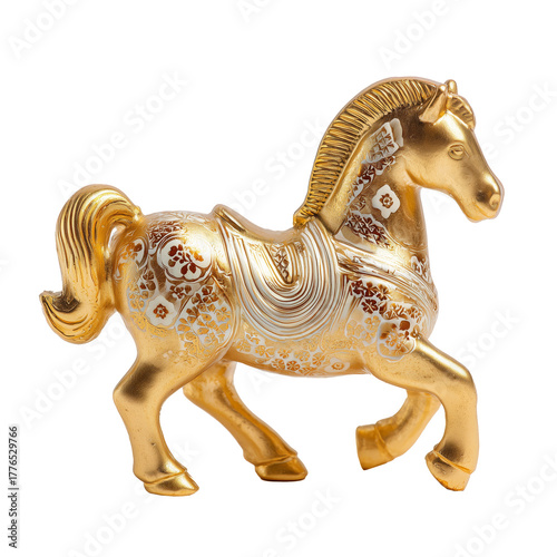 Golden Decorative Horse With Intricate Design Displayed on a Neutral Background