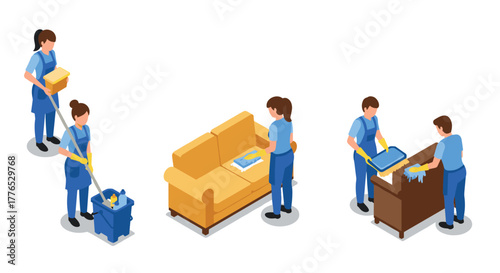 Isometric cleaning service workers performing housekeeping tasks at home
