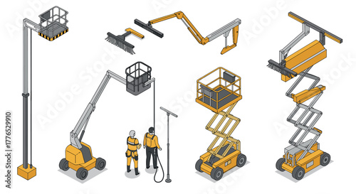 Isometric construction equipment and workers in elevating platforms