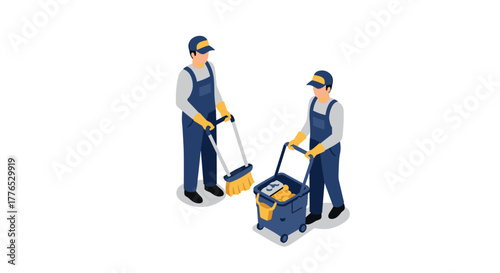 Isometric cleaning crew in uniform with equipment and tools on white background